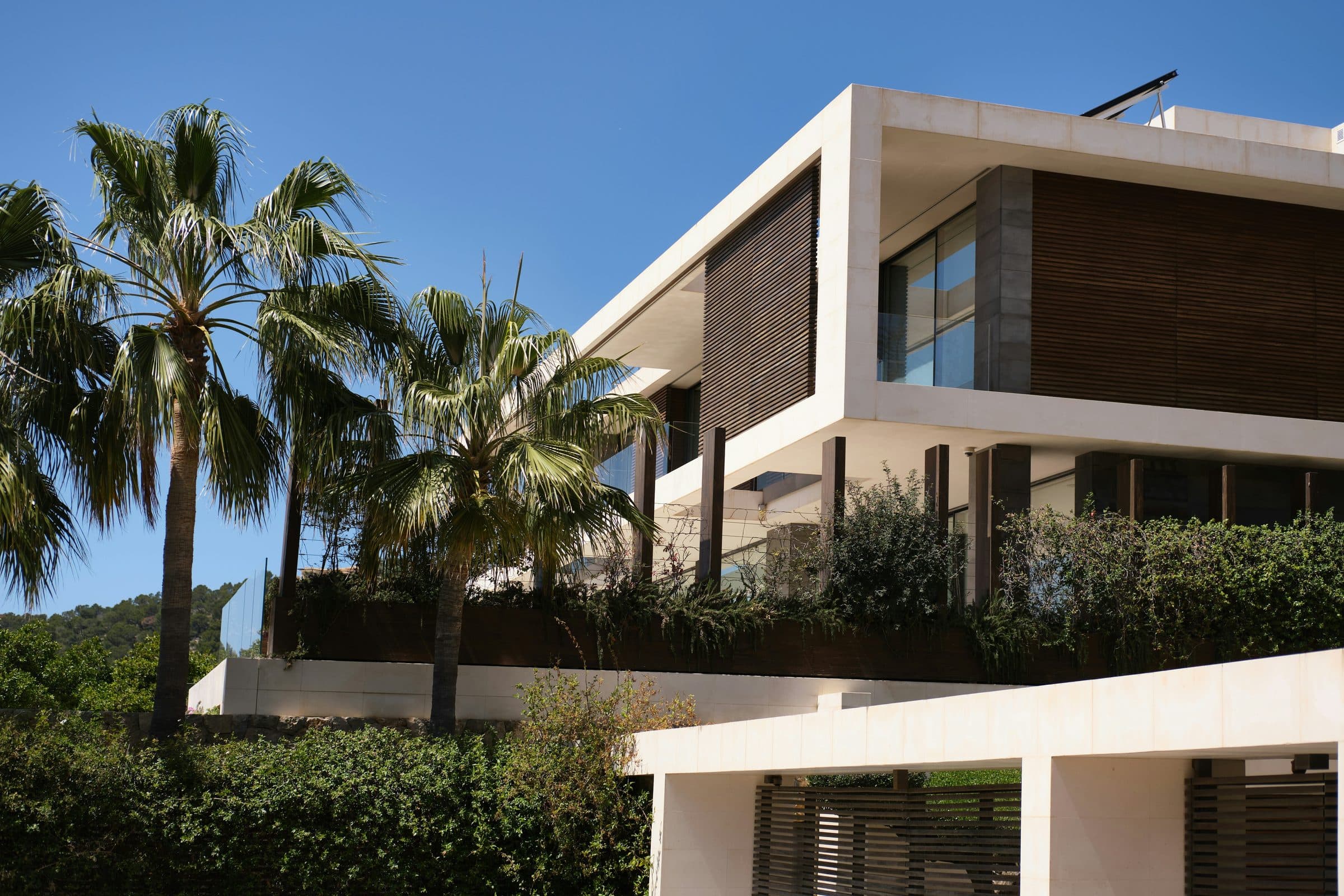 Villa moderna con frangisole in legno, vetrate e palme nel giardino